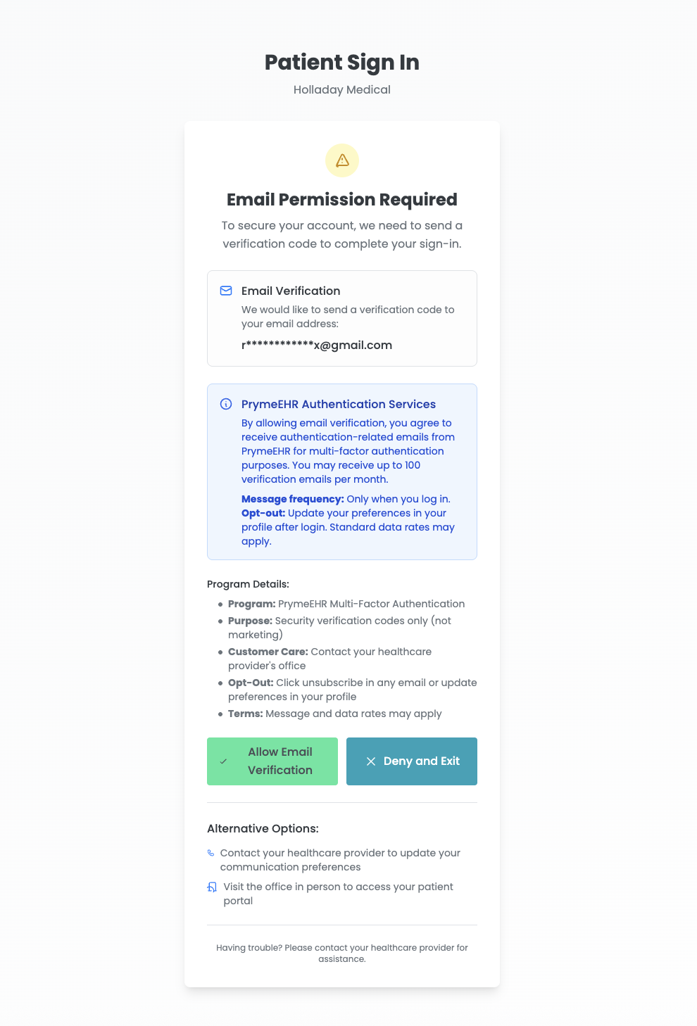 Initial login showing communication preferences with SMS opt-in option