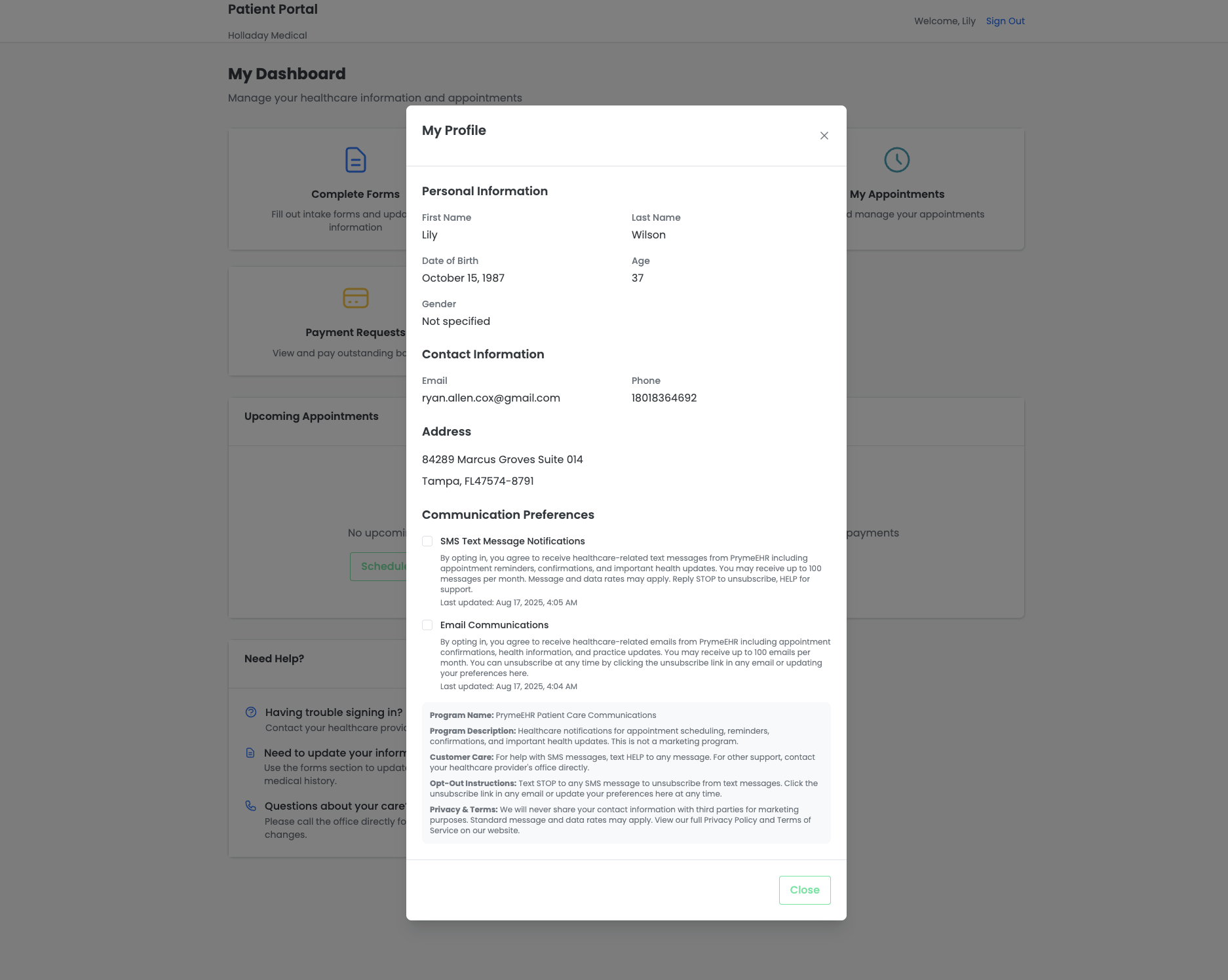 Patient profile showing SMS communication preferences management